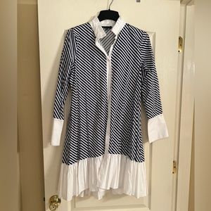 Blue and white long sleeve pleated dress.. button down dress